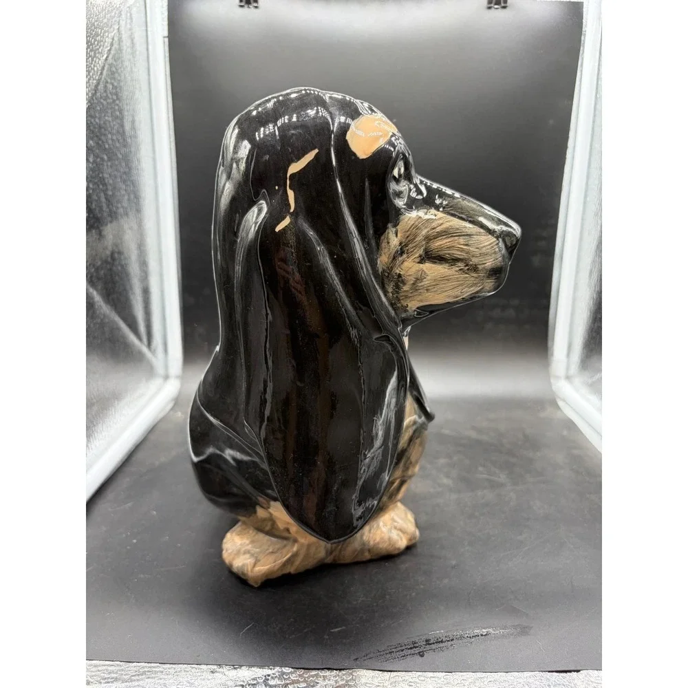 Vintage Ceramic Basset Hound Dog Figurine Signed Snoopy Black Tan Glossy 11.5in